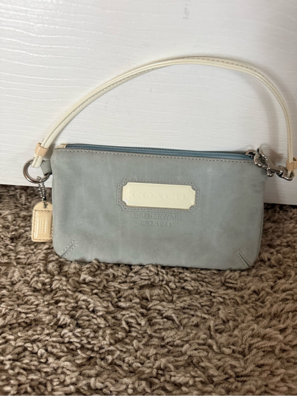 Coach Blue Leather Wristlet with Cream Trim
